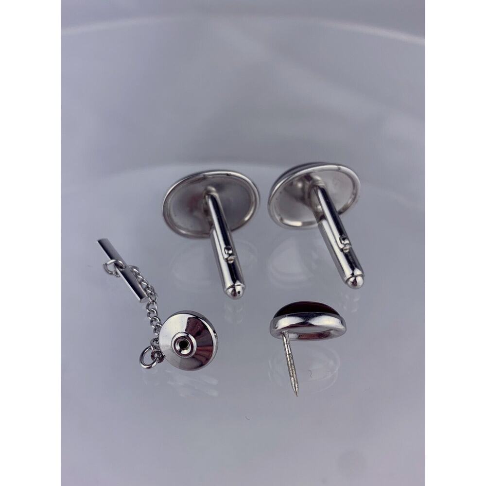 Red Cabochon Silver Tone Cufflinks Tie Pin Acrylic Oval Anson Vintage - Picture 6 of 6